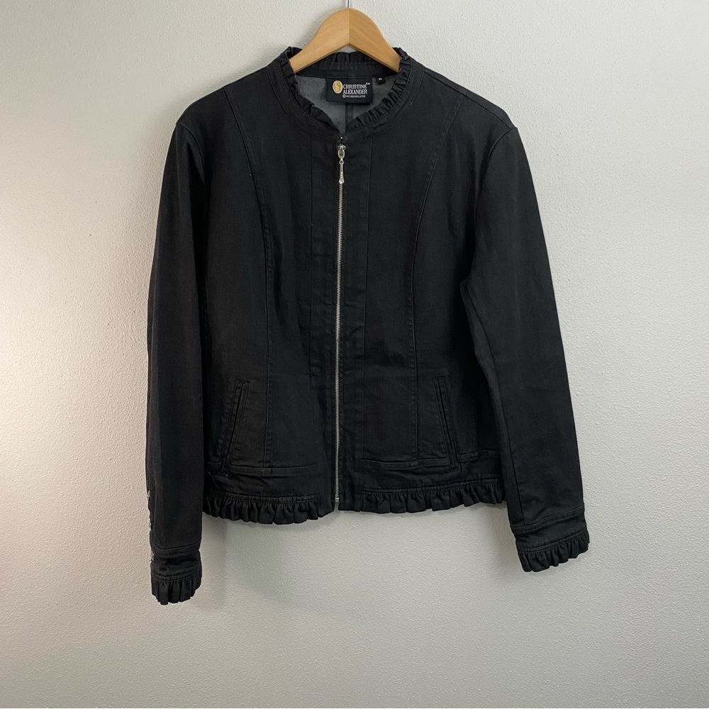 Christine Alexander Ruffle Black Full Denim Zip Jacket Women’s XL